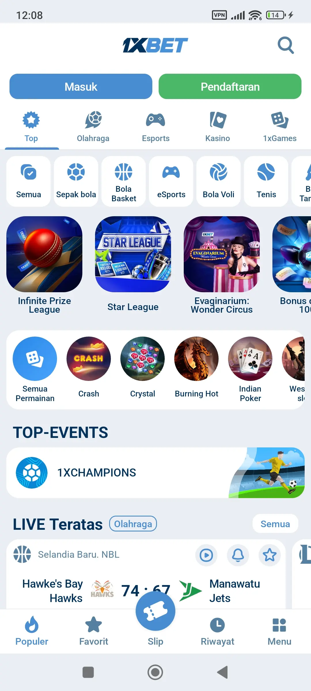 Tampilan utama aplikasi 1xBet mobile